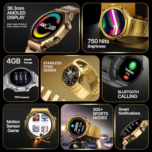 Fire-Boltt Onyx- 36.3mm AMOLED Always On Display Smart Watch, 466 * 466 High Resolution, Bluetooth Calling, Steel Design, IP67, 4GB Storage, 300  Sports Modes, 130  Watch Faces (Silver)