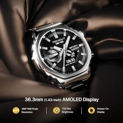 Fire-Boltt Onyx- 36.3mm AMOLED Always On Display Smart Watch, 466 * 466 High Resolution, Bluetooth Calling, Steel Design, IP67, 4GB Storage, 300  Sports Modes, 130  Watch Faces (Silver)