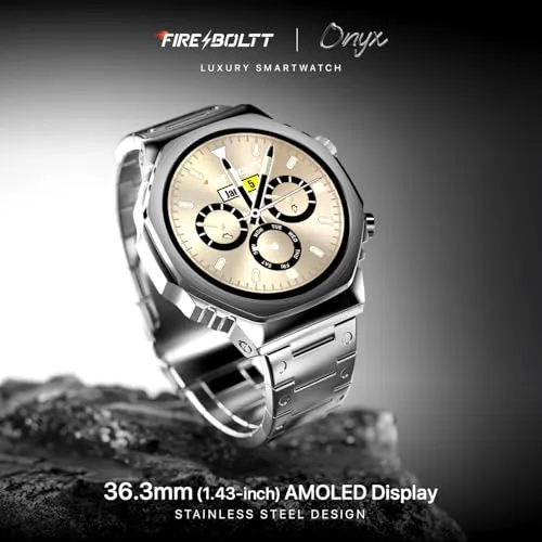 Fire-Boltt Onyx- 36.3mm AMOLED Always On Display Smart Watch, 466 * 466 High Resolution, Bluetooth Calling, Steel Design, IP67, 4GB Storage, 300  Sports Modes, 130  Watch Faces (Silver)