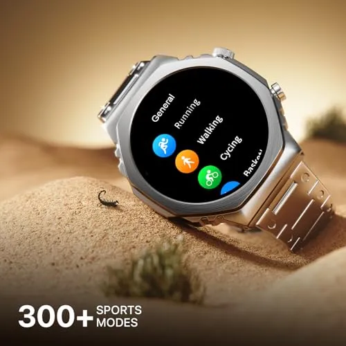 Fire-Boltt Onyx- 36.3mm AMOLED Always On Display Smart Watch, 466 * 466 High Resolution, Bluetooth Calling, Steel Design, IP67, 4GB Storage, 300  Sports Modes, 130  Watch Faces (Silver)