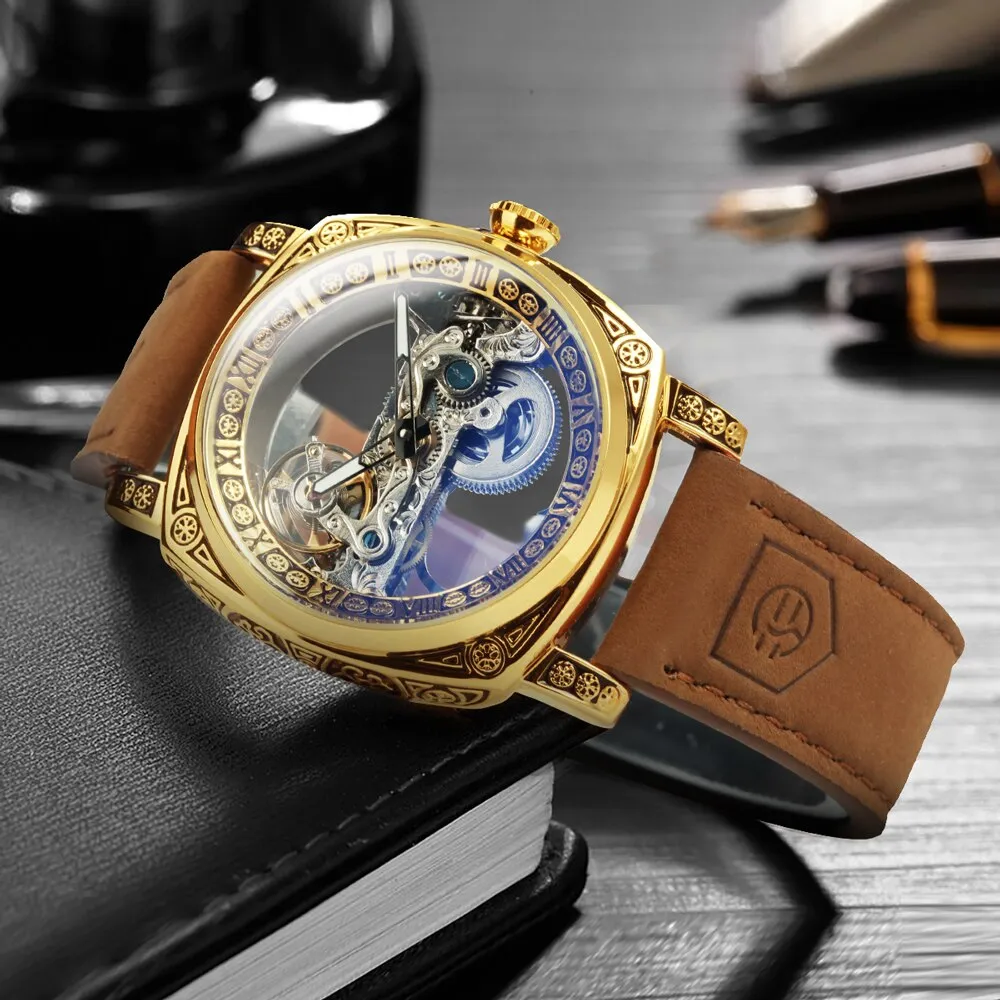 Forsining Square Transparent Skeleton Automatic Watch Retro Engraved Case Luxury Luminous Golden Bridge Belt Male Clock