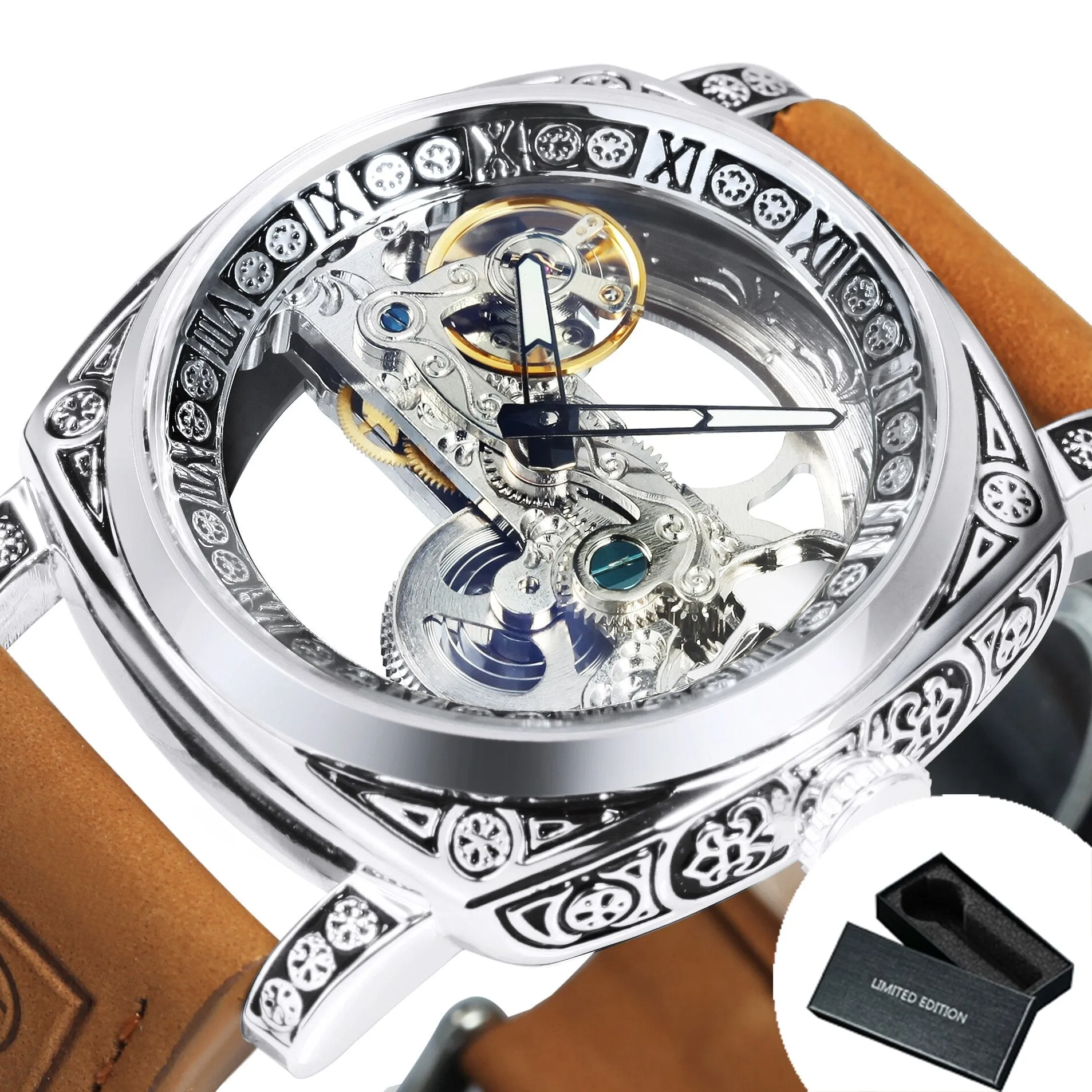 Forsining Square Transparent Skeleton Automatic Watch Retro Engraved Case Luxury Luminous Golden Bridge Belt Male Clock