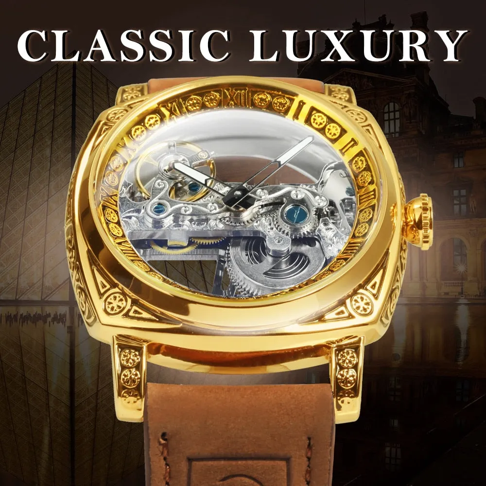 Forsining Square Transparent Skeleton Automatic Watch Retro Engraved Case Luxury Luminous Golden Bridge Belt Male Clock