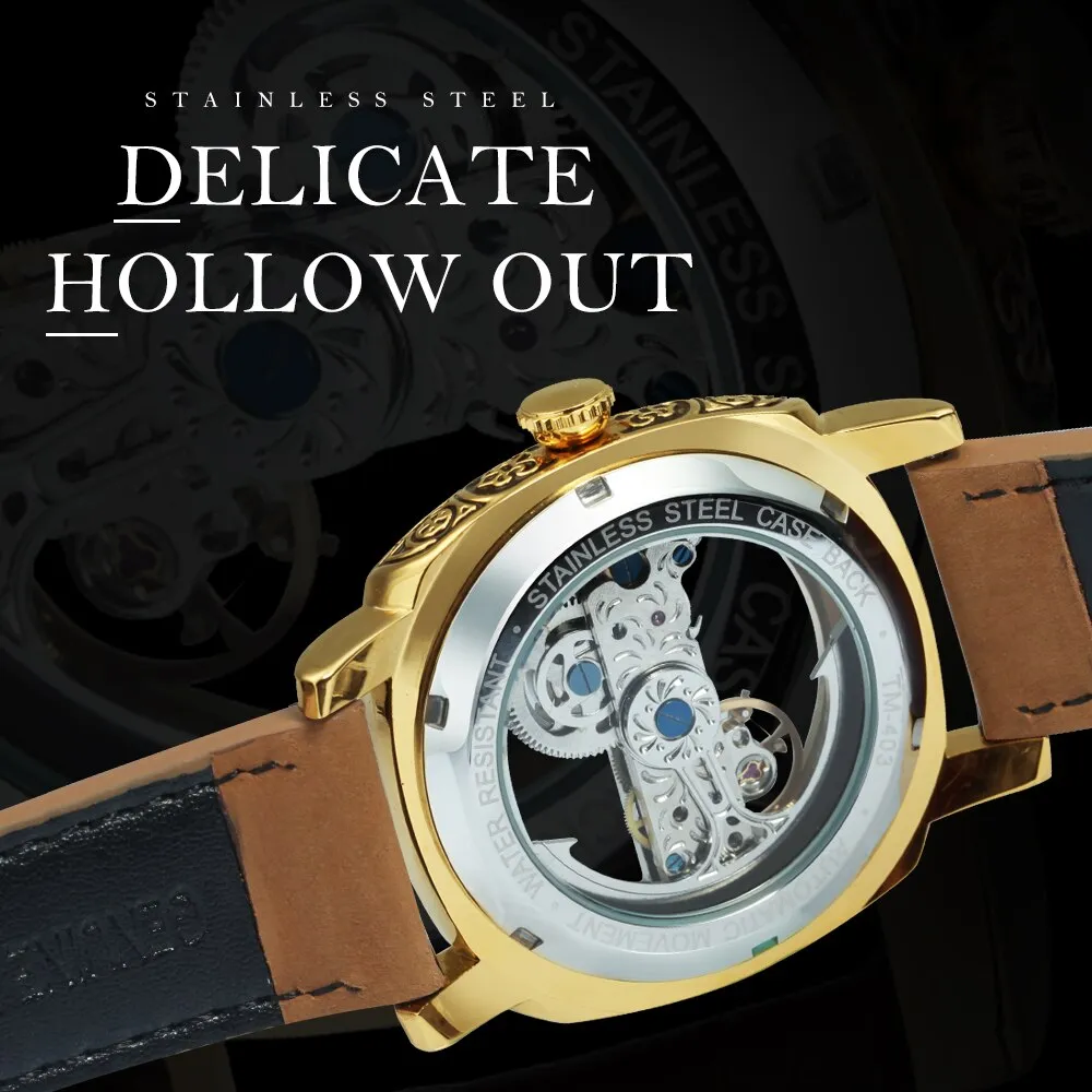 Forsining Square Transparent Skeleton Automatic Watch Retro Engraved Case Luxury Luminous Golden Bridge Belt Male Clock