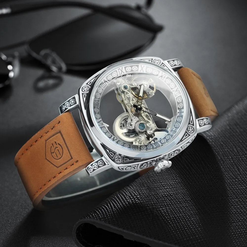 Forsining Square Transparent Skeleton Automatic Watch Retro Engraved Case Luxury Luminous Golden Bridge Belt Male Clock