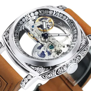 Forsining Square Transparent Skeleton Automatic Watch Retro Engraved Case Luxury Luminous Golden Bridge Belt Male Clock