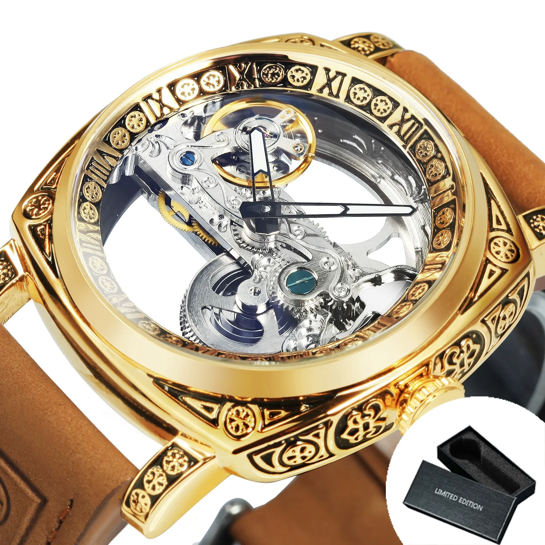 Forsining Square Transparent Skeleton Automatic Watch Retro Engraved Case Luxury Luminous Golden Bridge Belt Male Clock