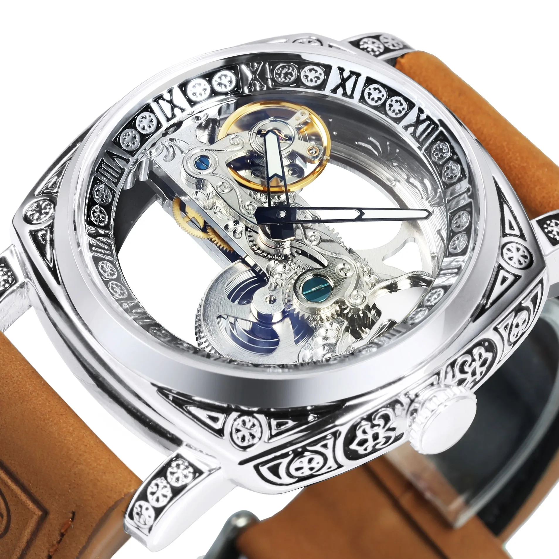 Forsining Square Transparent Skeleton Automatic Watch Retro Engraved Case Luxury Luminous Golden Bridge Belt Male Clock