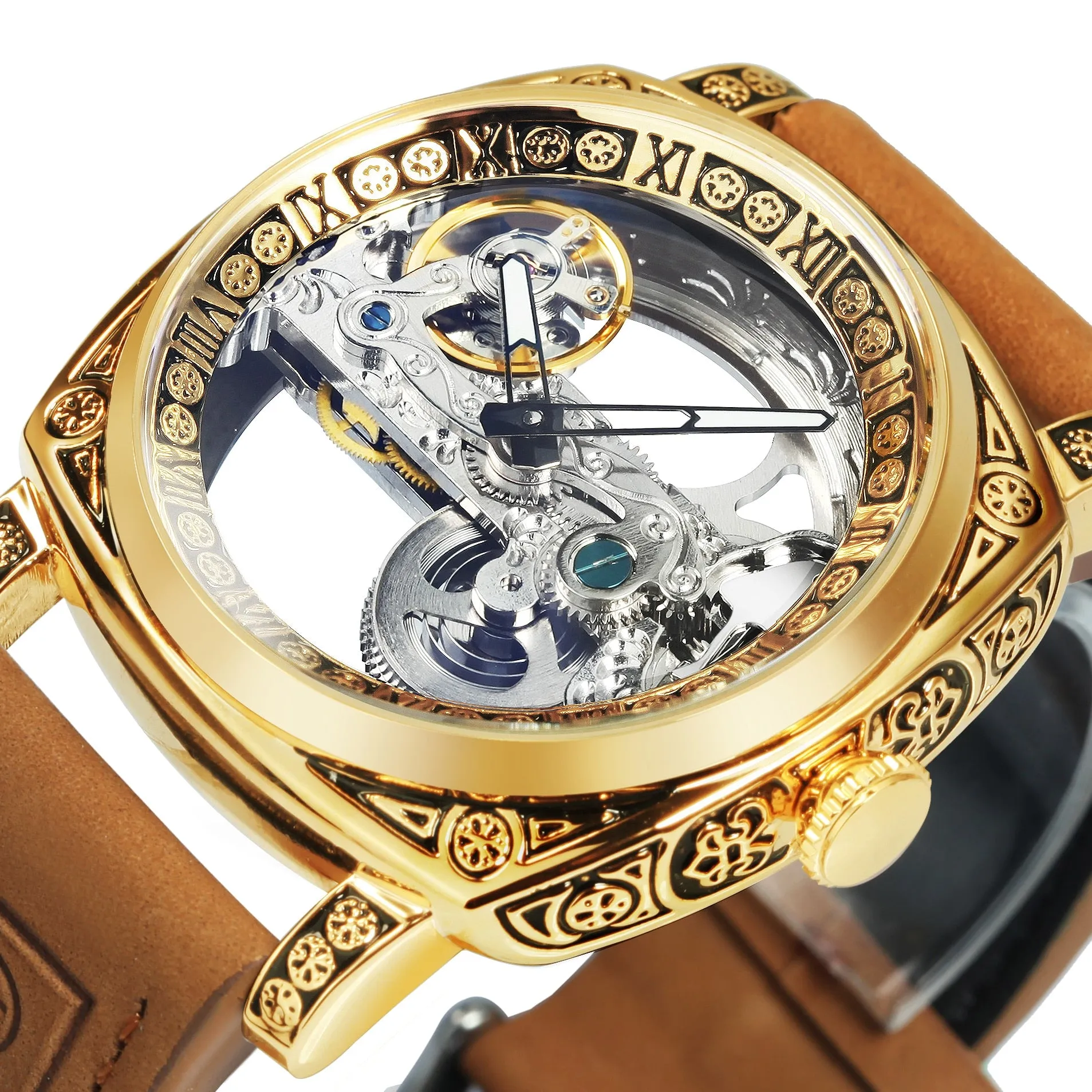 Forsining Square Transparent Skeleton Automatic Watch Retro Engraved Case Luxury Luminous Golden Bridge Belt Male Clock