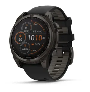 Garmin fēnix® 8 – 47 mm, Solar Sapphire, Carbon Gray DLC Titanium with Black/Pebble Gray Silicone Band Gray Silicone Band