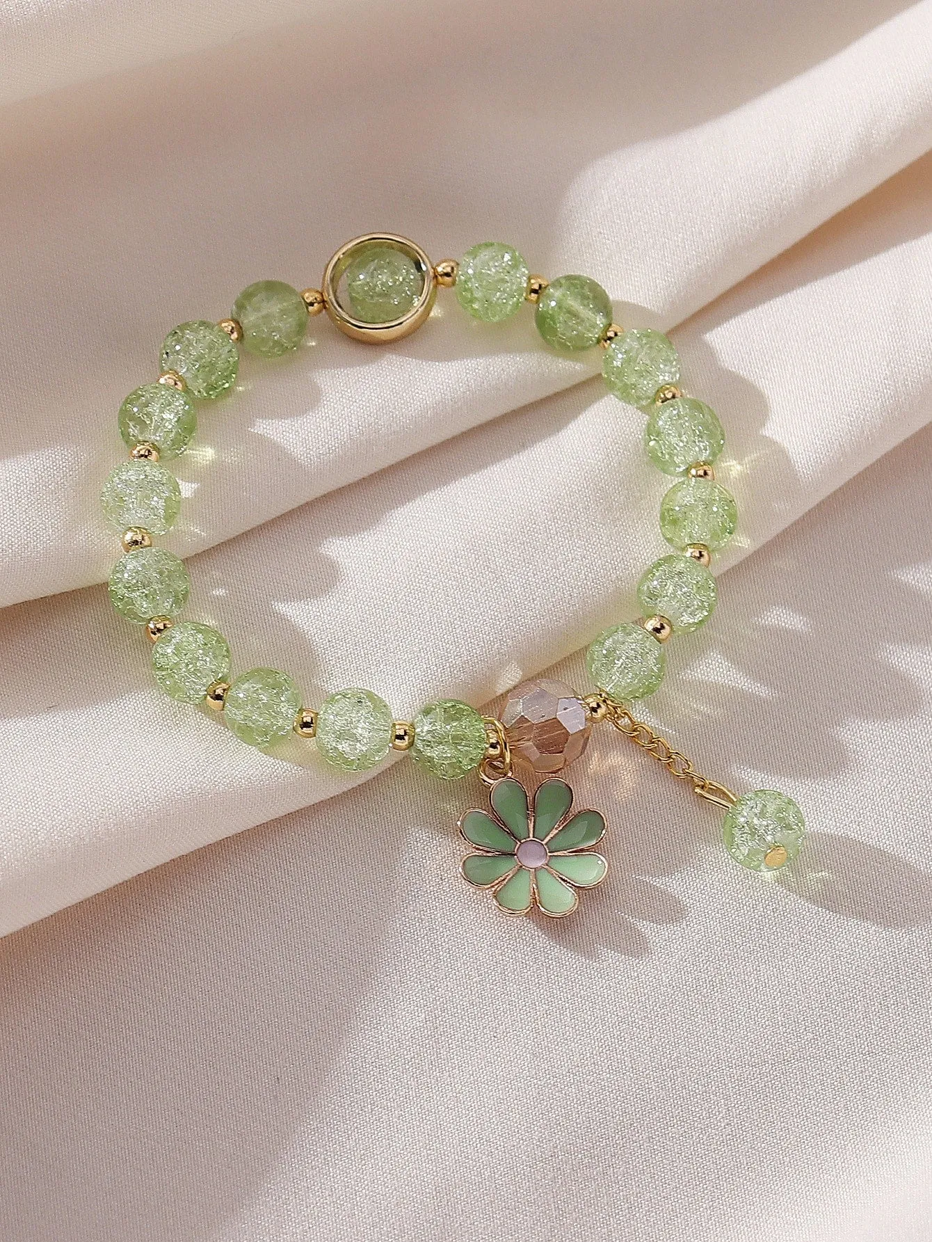 Green Flower Charm Beaded Bracelet Women Bracelet Stackable Bracelet Crafted