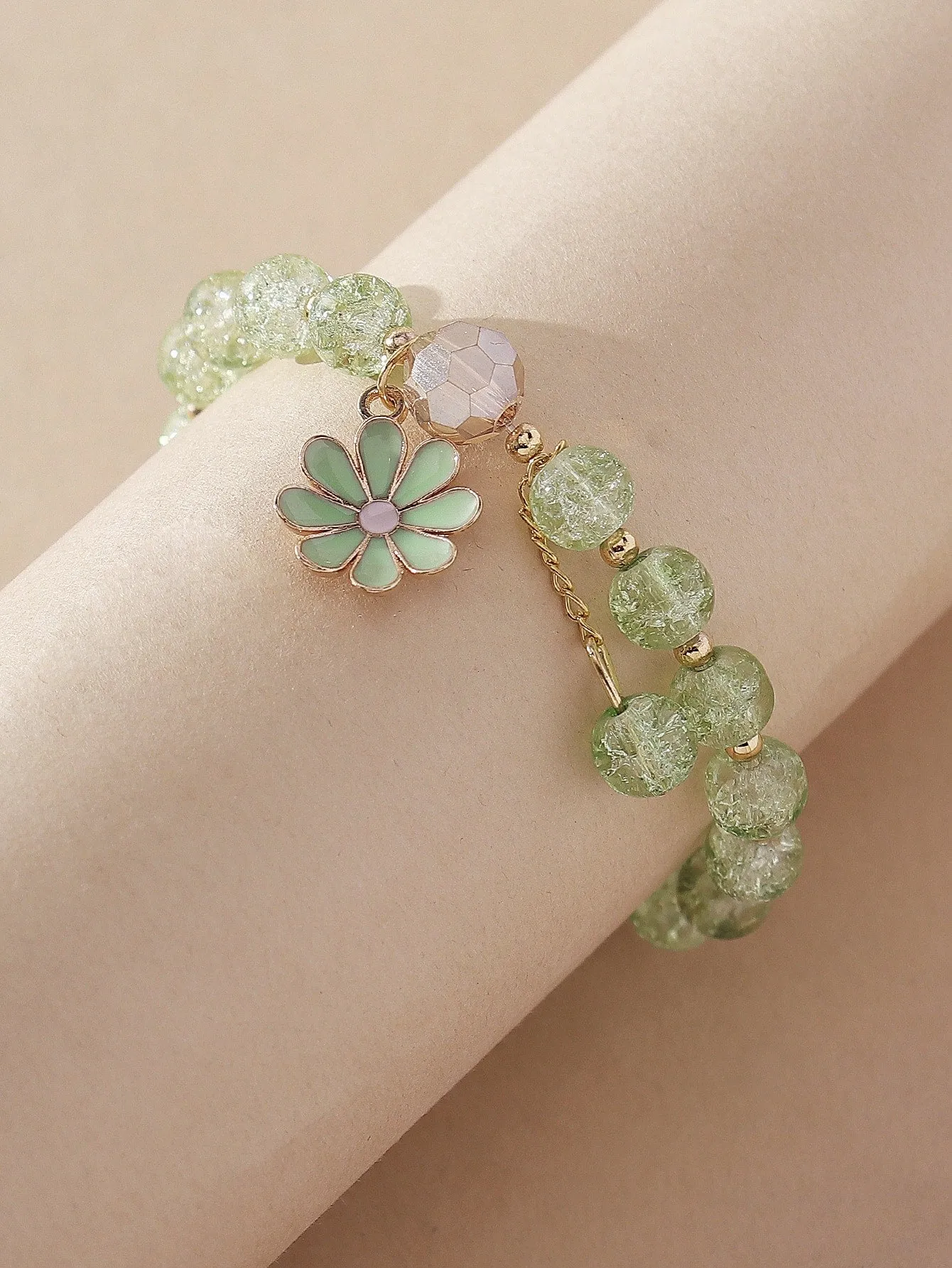Green Flower Charm Beaded Bracelet Women Bracelet Stackable Bracelet Crafted