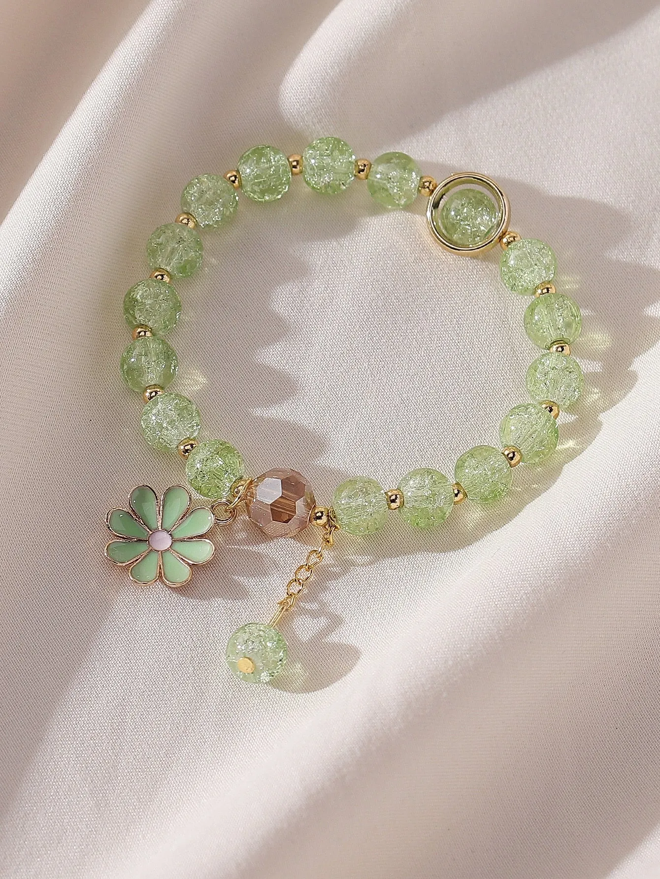 Green Flower Charm Beaded Bracelet Women Bracelet Stackable Bracelet Crafted