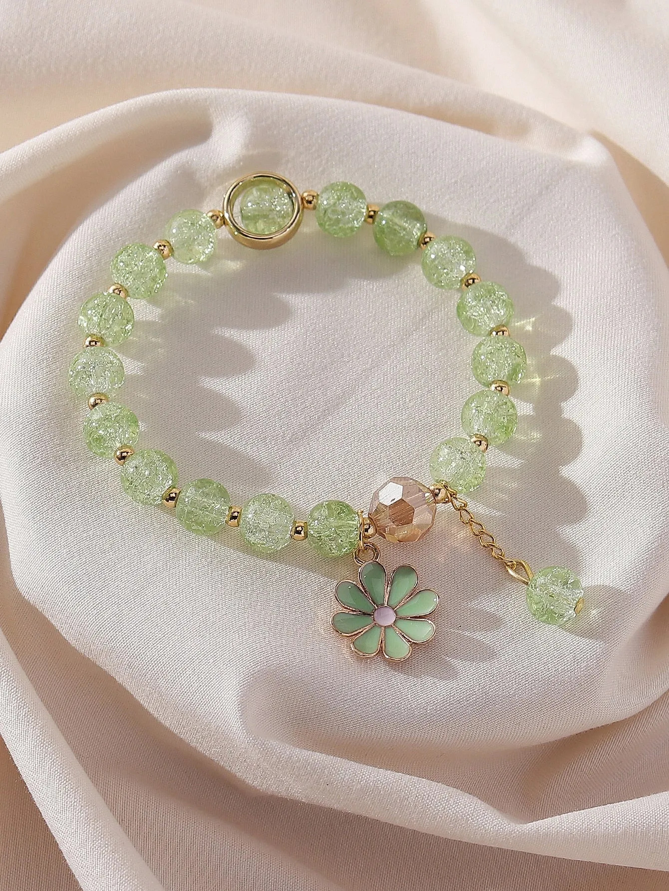 Green Flower Charm Beaded Bracelet Women Bracelet Stackable Bracelet Crafted