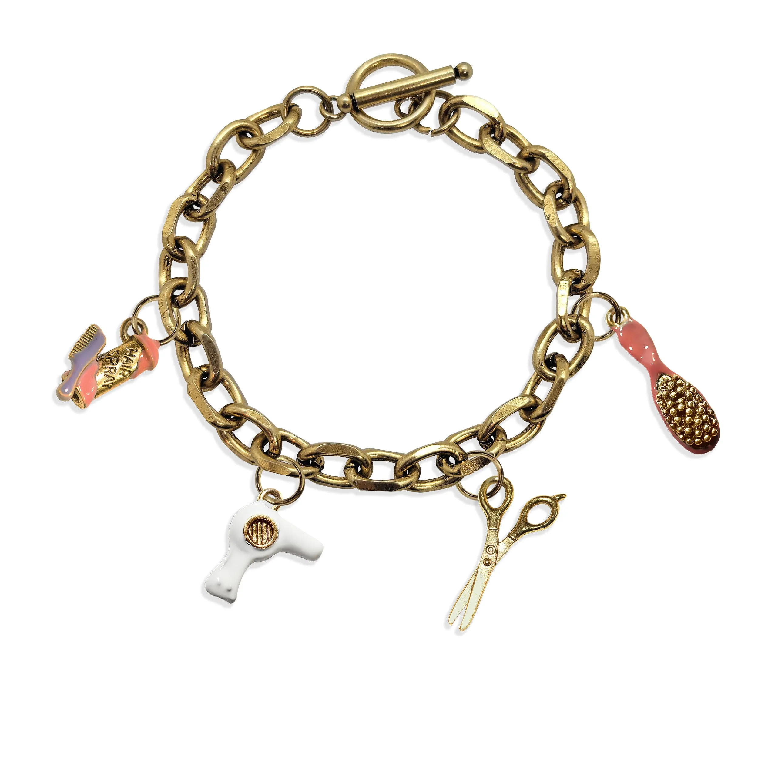 Hair Stylist Toggle Charm Bracelet | 4 Handpainted Charms | Antique Gold or Antique Silver Finish