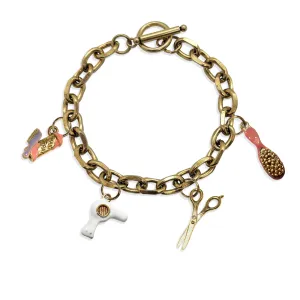 Hair Stylist Toggle Charm Bracelet | 4 Handpainted Charms | Antique Gold or Antique Silver Finish
