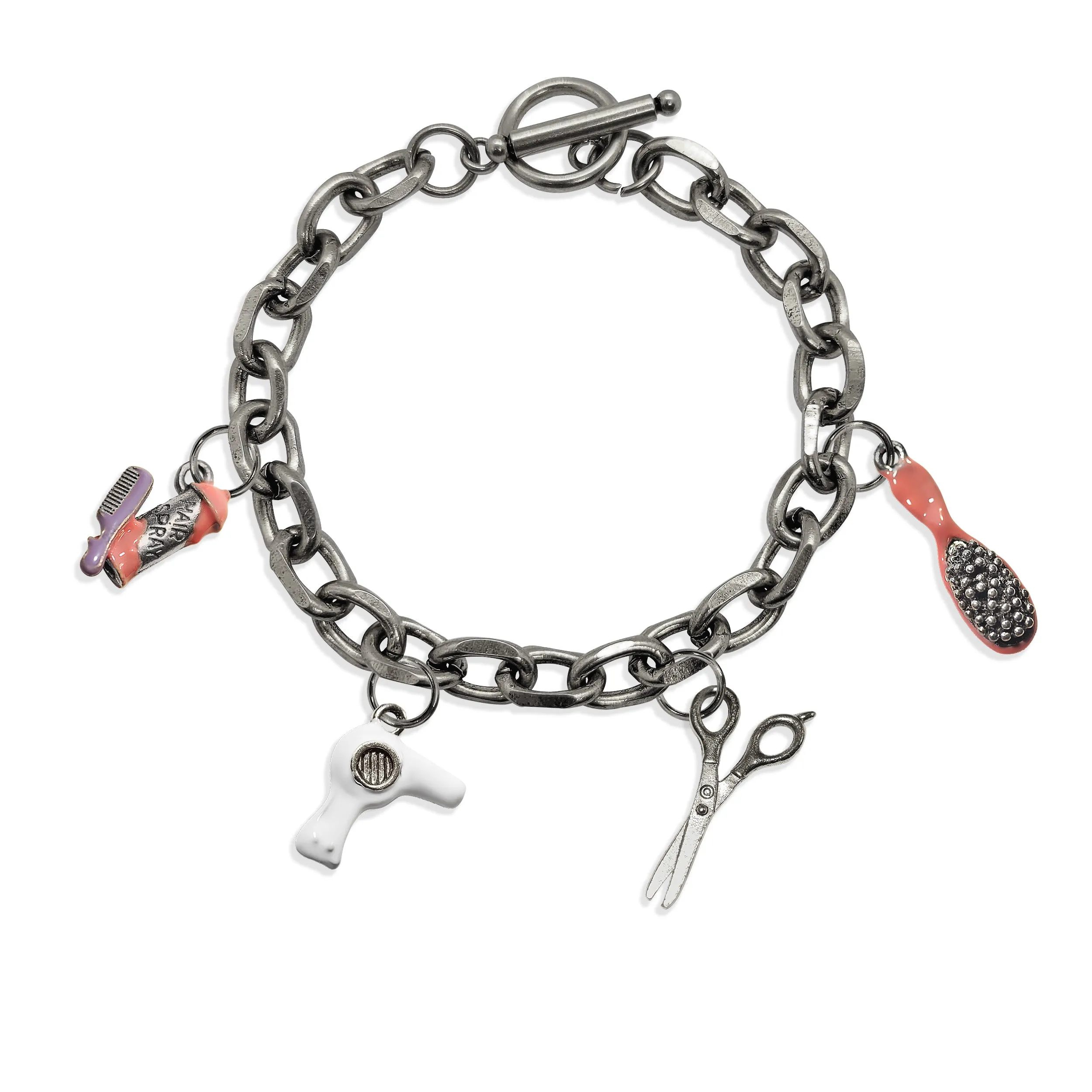 Hair Stylist Toggle Charm Bracelet | 4 Handpainted Charms | Antique Gold or Antique Silver Finish