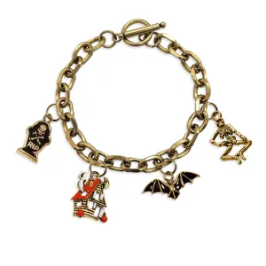 Halloween Haunted House Toggle Charm Bracelet | 4 Handpainted Charms | Antique Gold or Antique Silver Finish