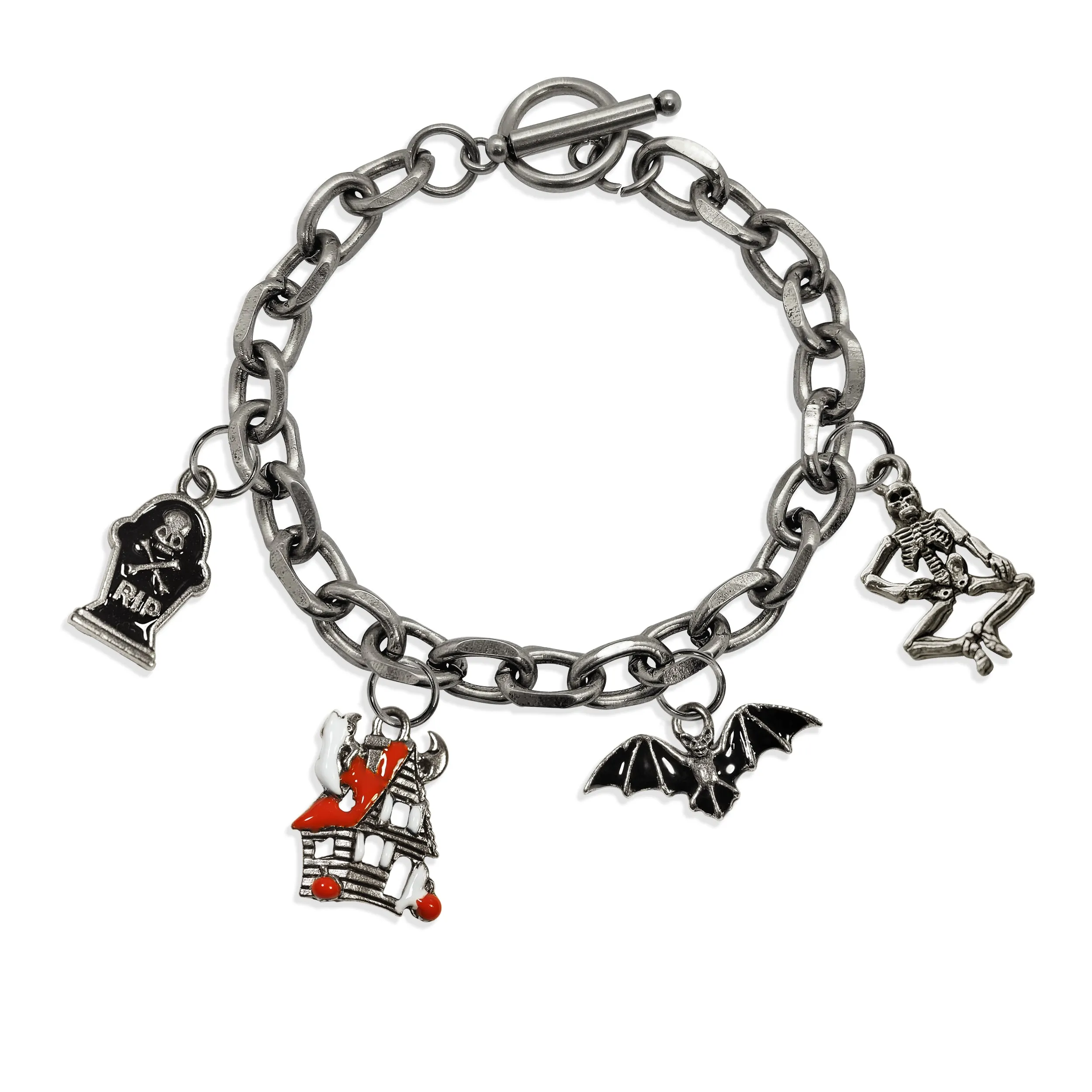 Halloween Haunted House Toggle Charm Bracelet | 4 Handpainted Charms | Antique Gold or Antique Silver Finish