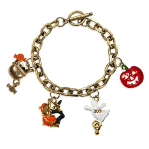 Halloween Trick or Treat Toggle Charm Bracelet | 4 Handpainted Charms | Antique Gold or Antique Silver Finish