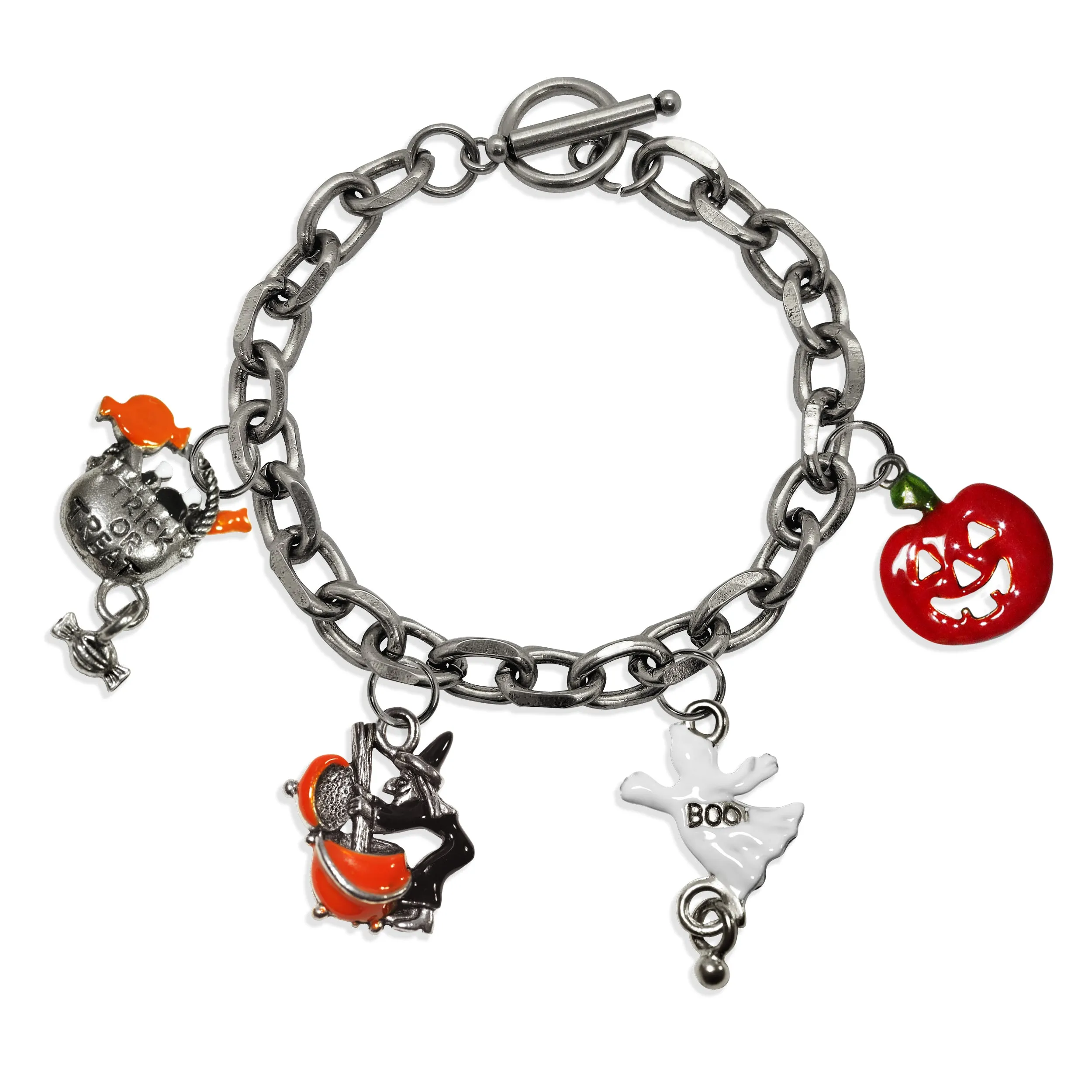 Halloween Trick or Treat Toggle Charm Bracelet | 4 Handpainted Charms | Antique Gold or Antique Silver Finish