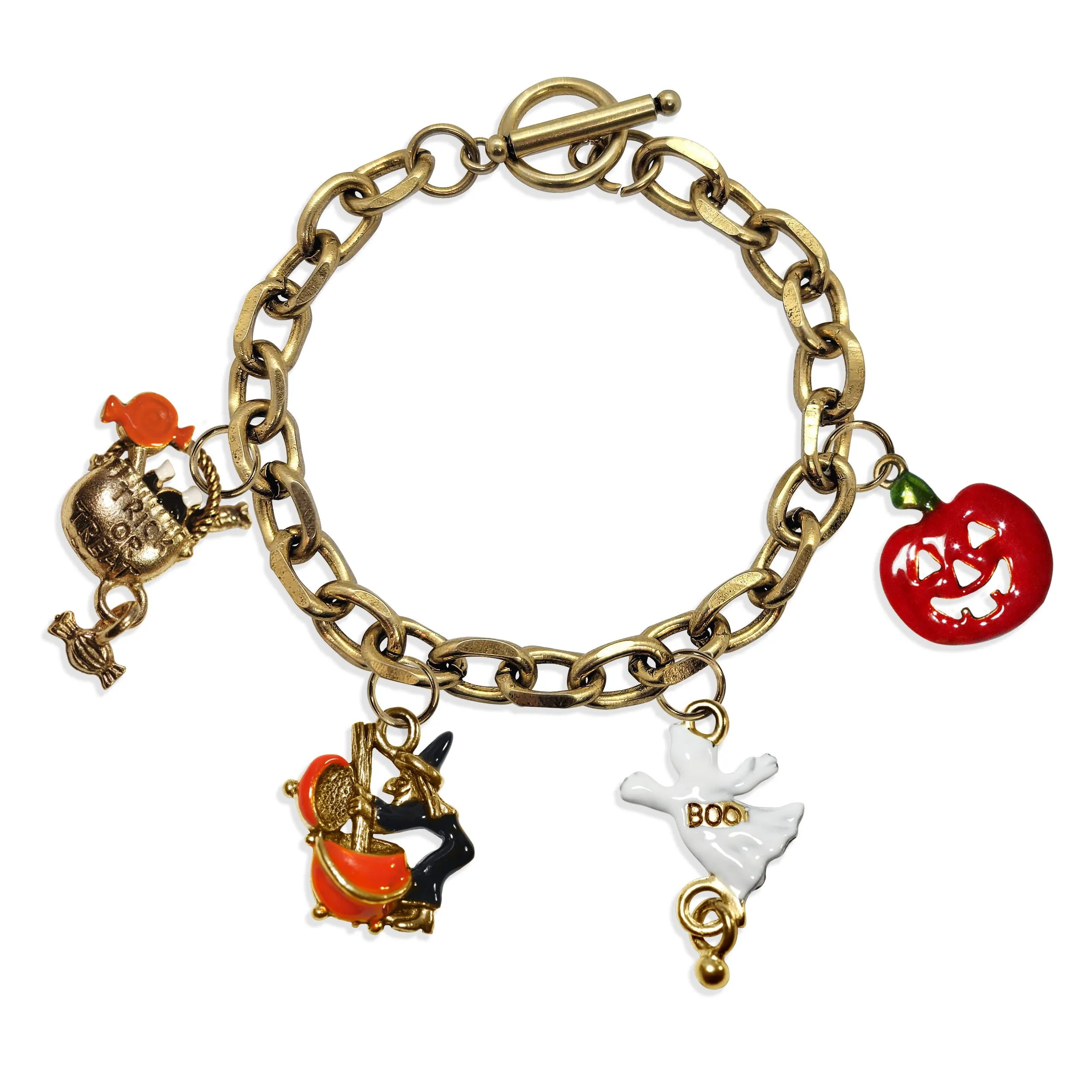 Halloween Trick or Treat Toggle Charm Bracelet | 4 Handpainted Charms | Antique Gold or Antique Silver Finish