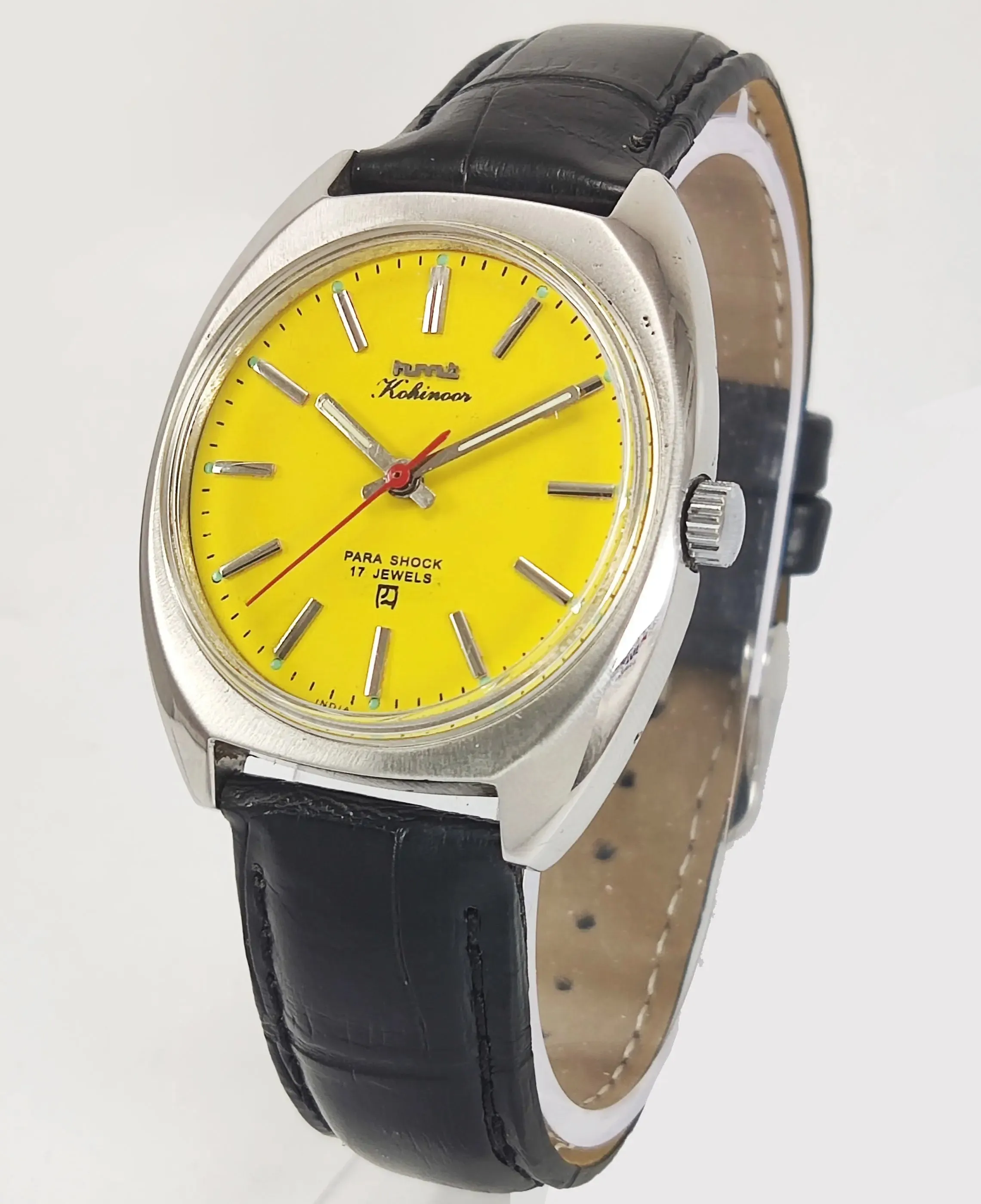HMT Kohinoor Para Shock 17 Jewels Yellow Dial Mechanical Hand winding Men's Wrist Watch