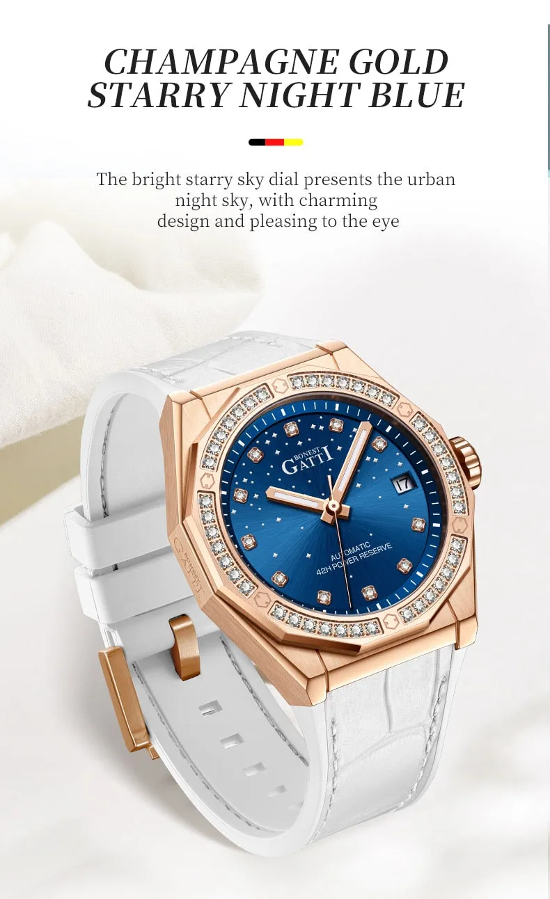 Ladies Fashion Charm Mechanical Automatic Skeleton Waterproof Starry Night Watches