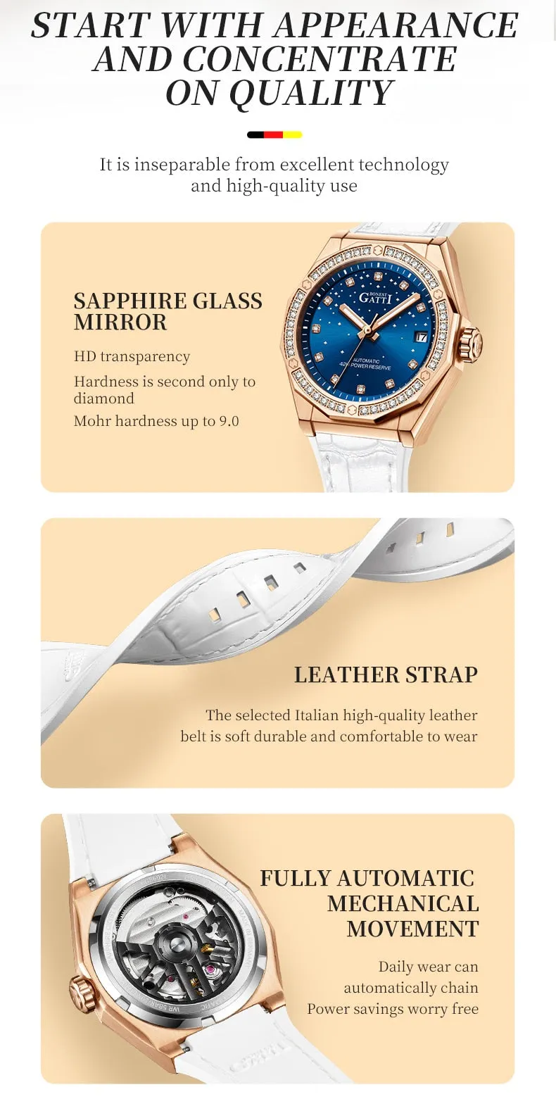 Ladies Fashion Charm Mechanical Automatic Skeleton Waterproof Starry Night Watches