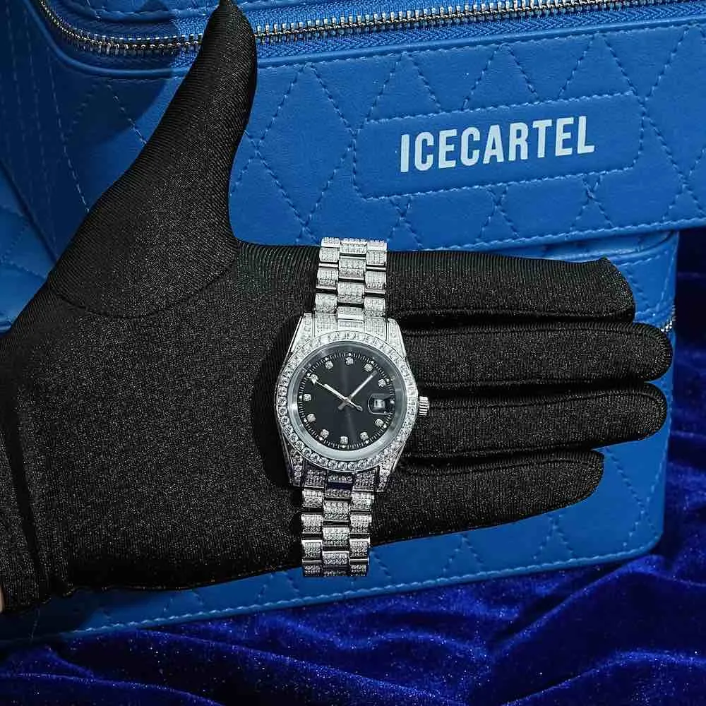 Moissanite Presidential Watch | Black Face | 41MM | 13.3CT Iced Out | 14K White Gold