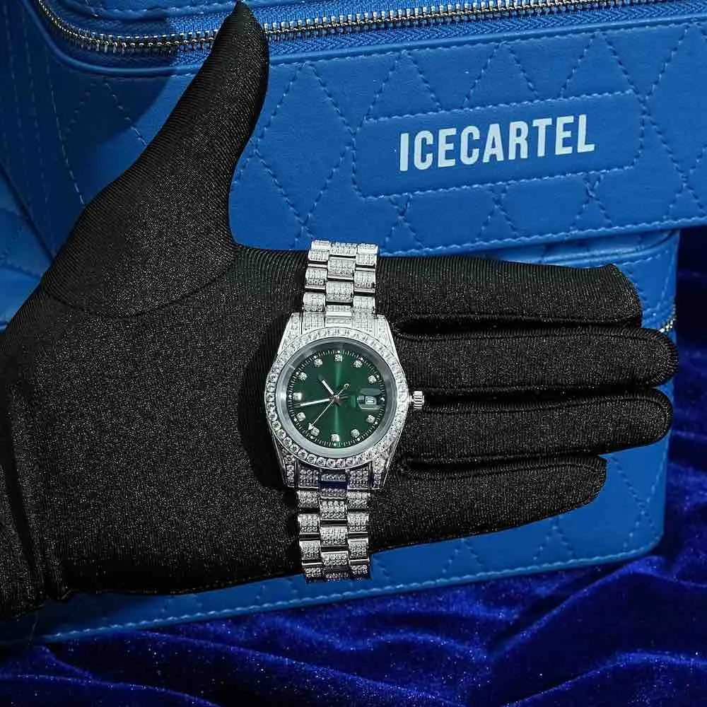 Moissanite Presidential Watch | Green Face | 41MM | 13.3CT Iced Out | 14K White Gold