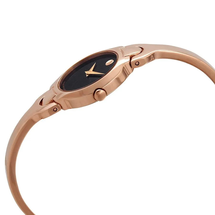 Movado Kara Quartz Black Dial Rose Gold PVD Ladies Watch 0607327