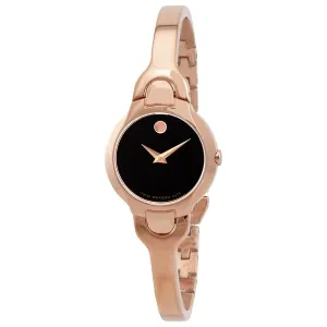 Movado Kara Quartz Black Dial Rose Gold PVD Ladies Watch 0607327