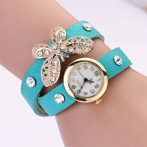 New women vintage leather strap watches,set auger butterfly rivet bracelet women dress watch,women wristwatch