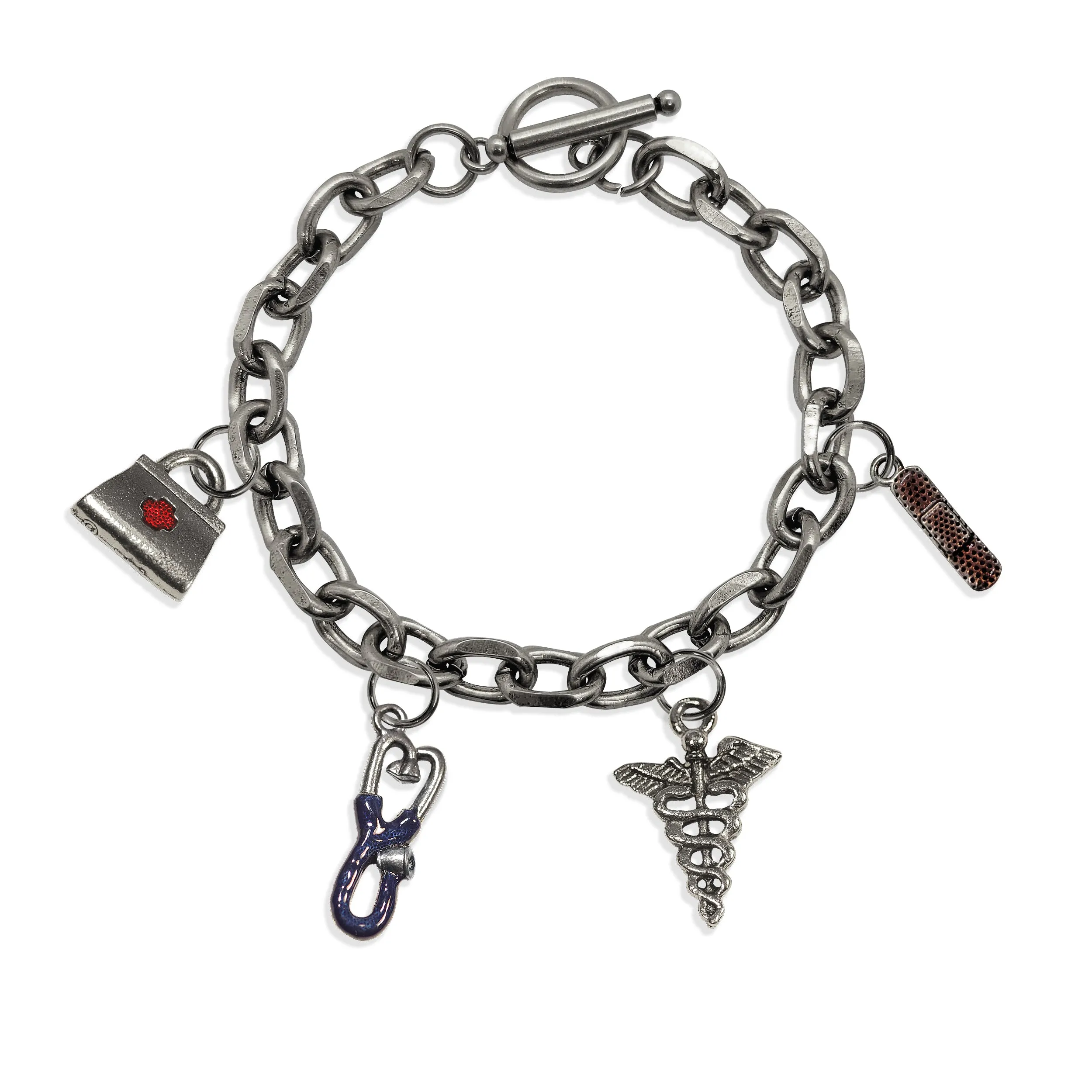 Nurse | Medical Toggle Charm Bracelet | 4 Handpainted Charms | Antique Gold or Antique Silver Finish
