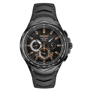 SEIKO Mens Coutura Black Dial Silicone Strap Solar Chronograph Watch - SSC811