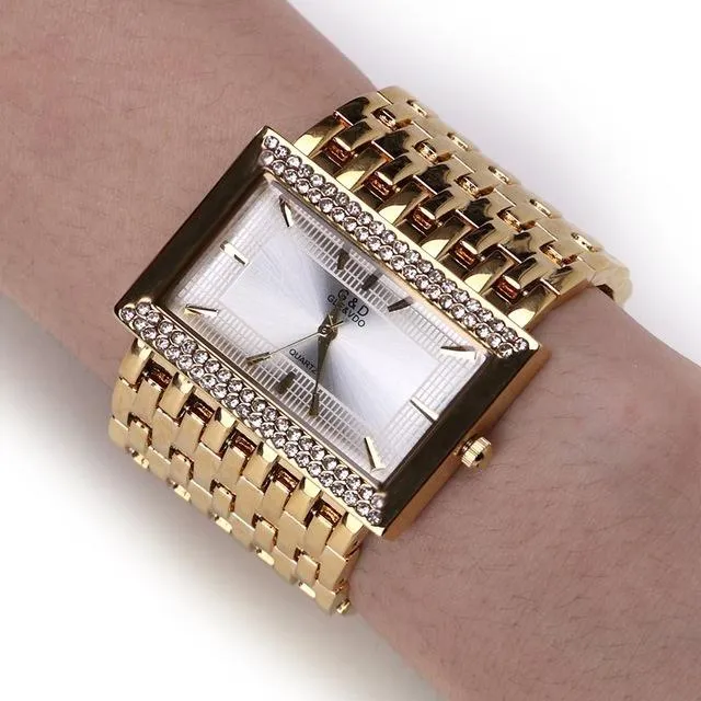 Stainless Steel Chain Fashion Gold Quartz Square Watch for Women
