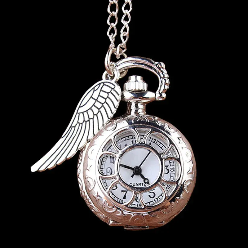 Unisex Silver Mini Carving Wings Necklace Chain Pendant Pocket FOB Watch