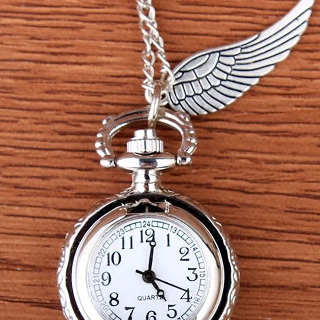 Unisex Silver Mini Carving Wings Necklace Chain Pendant Pocket FOB Watch