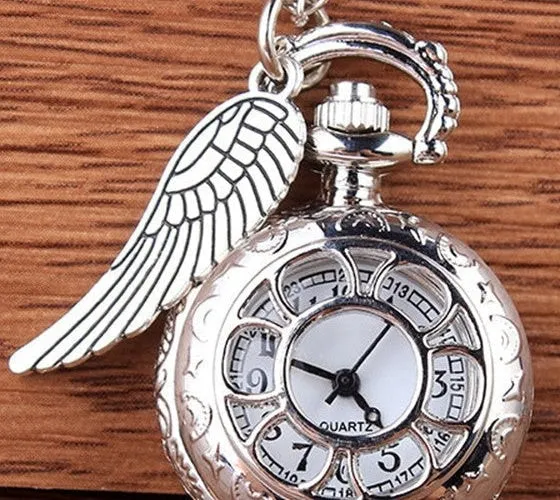 Unisex Silver Mini Carving Wings Necklace Chain Pendant Pocket FOB Watch