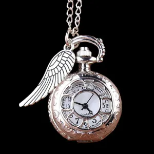 Unisex Silver Mini Carving Wings Necklace Chain Pendant Pocket FOB Watch