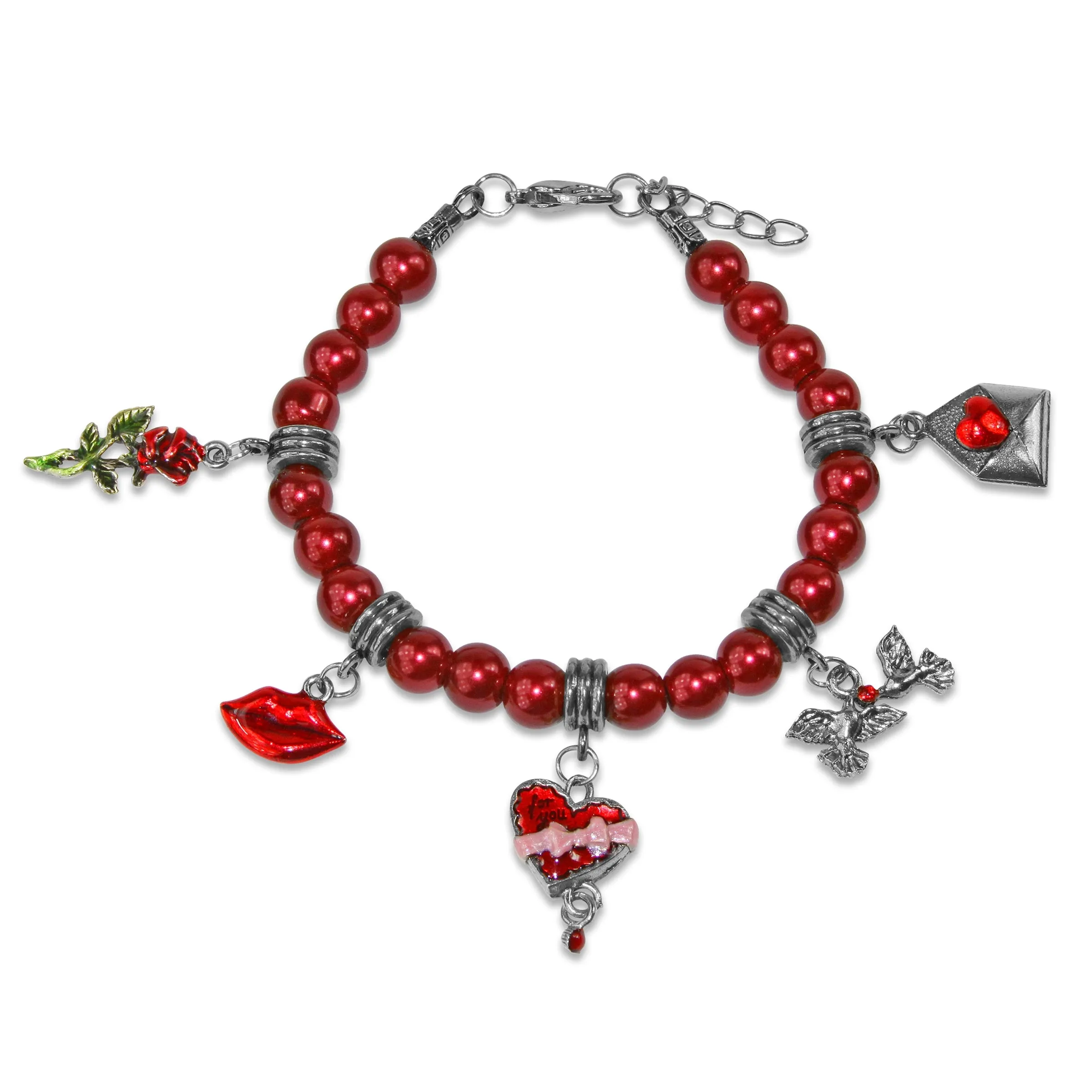 Valentine's Day Charm Bracelet | 5 Handpainted Charms | Red Beaded Bracelet