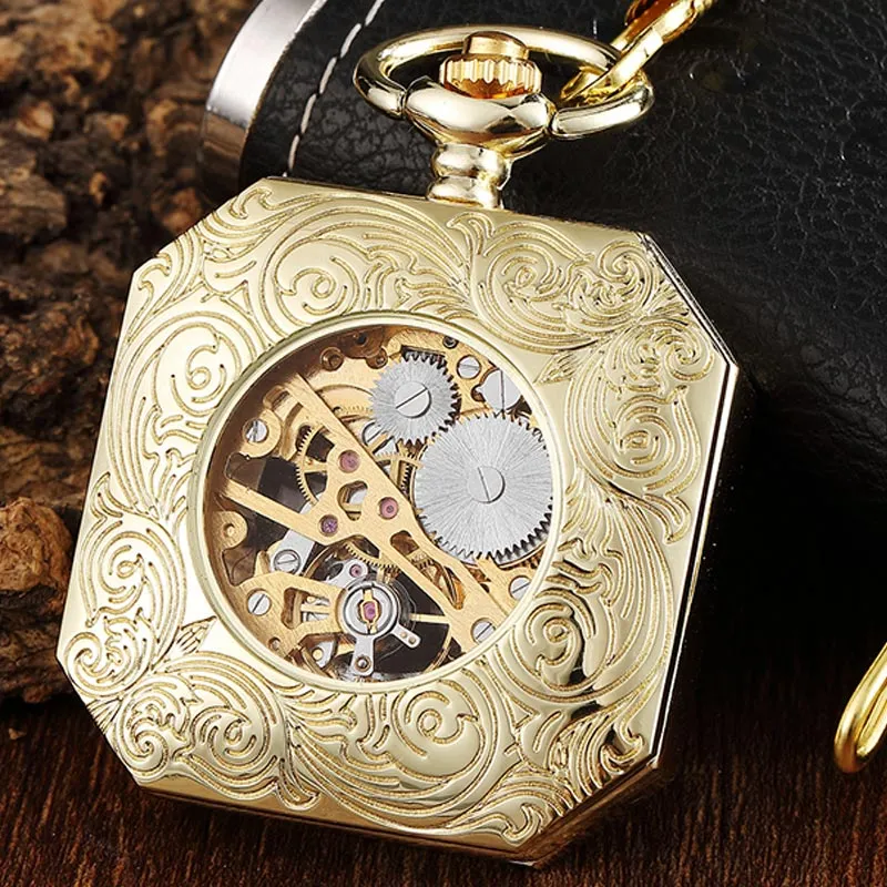 Vintage Unisex Gold Skeleton Square Hand Wind Mechanical Pocket FOB Watch