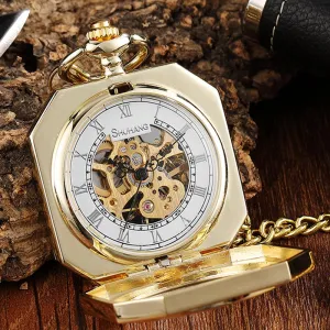 Vintage Unisex Gold Skeleton Square Hand Wind Mechanical Pocket FOB Watch