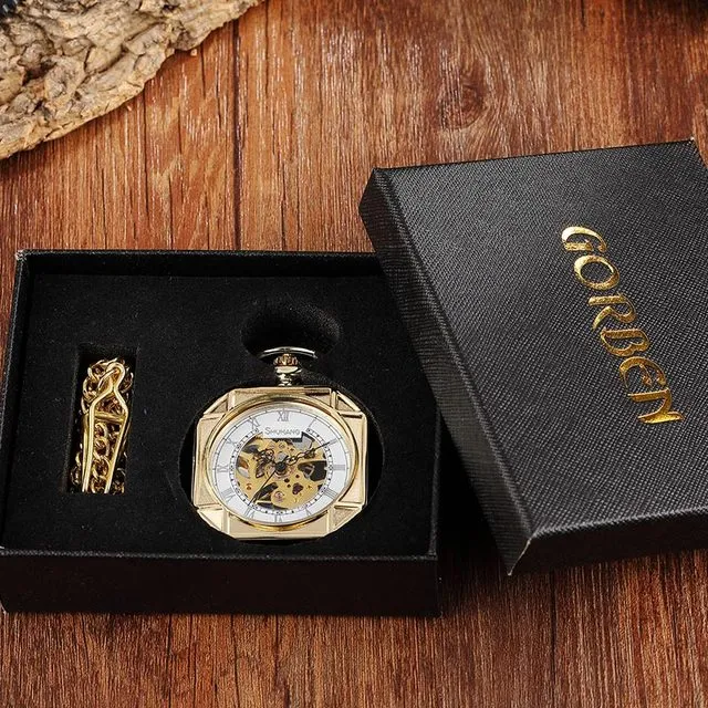 Vintage Unisex Gold Skeleton Square Hand Wind Mechanical Pocket FOB Watch