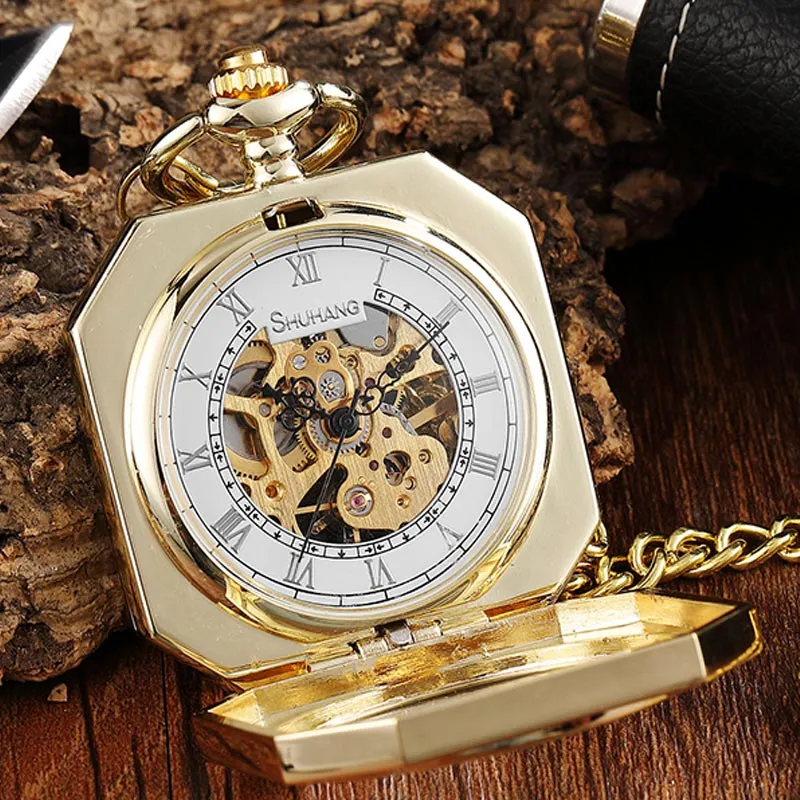 Vintage Unisex Gold Skeleton Square Hand Wind Mechanical Pocket FOB Watch
