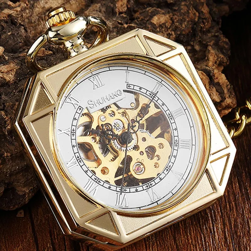 Vintage Unisex Gold Skeleton Square Hand Wind Mechanical Pocket FOB Watch